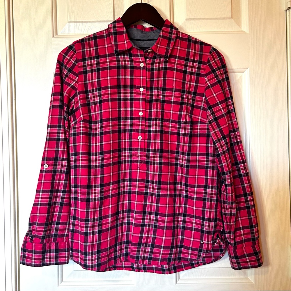 Tommy Hilfiger Button Down Shirt Plaid Flannel Red Pink Cozy Women's Small